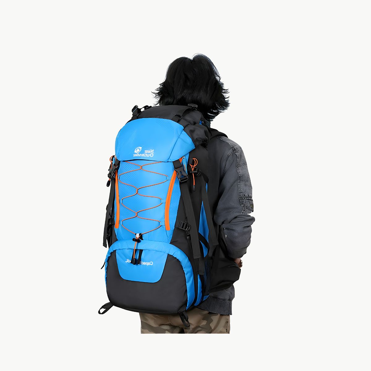 Sac de randonnee grande capacite bleu vue porte